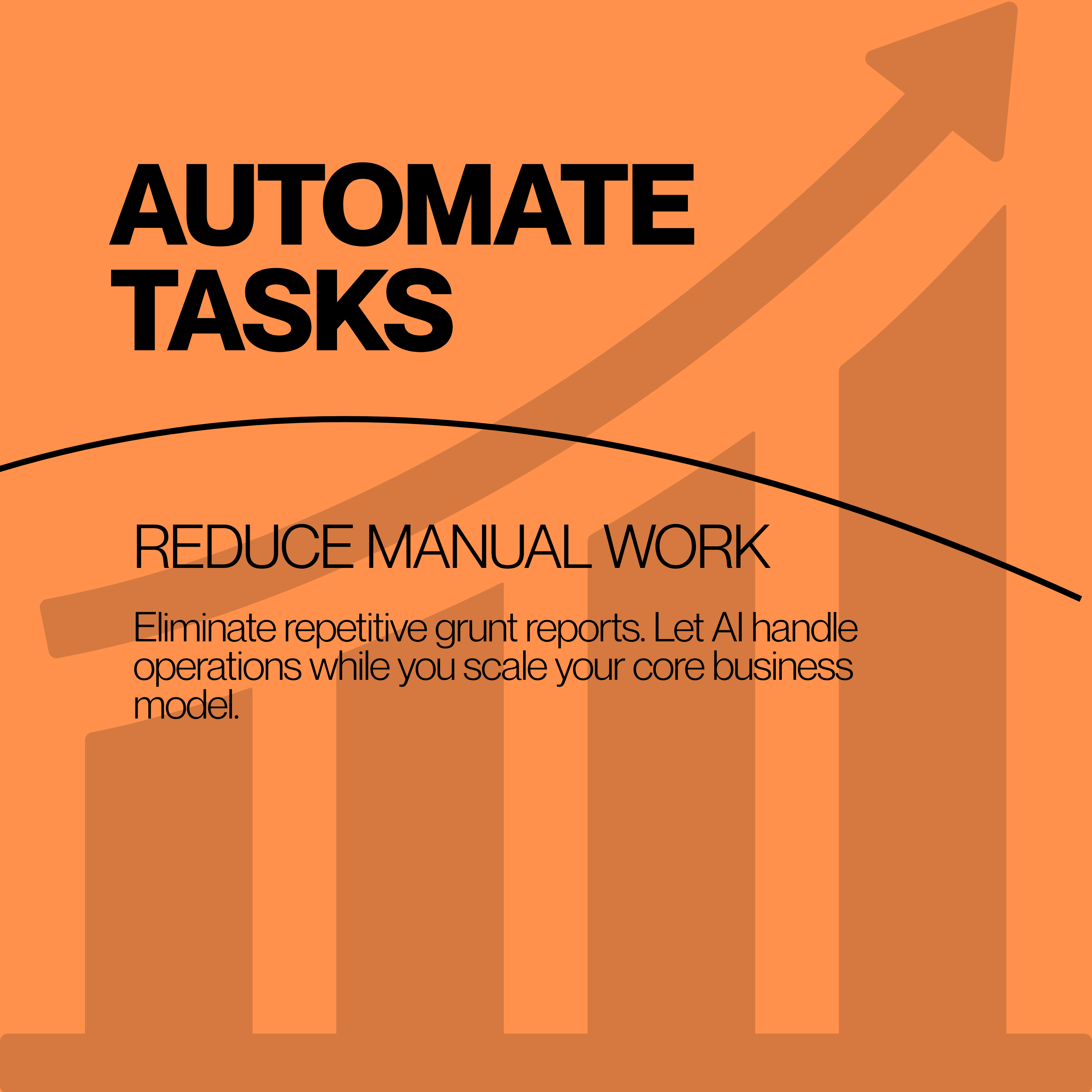 Automate tasks, reduce manual work, with a rising bar chart behind the words